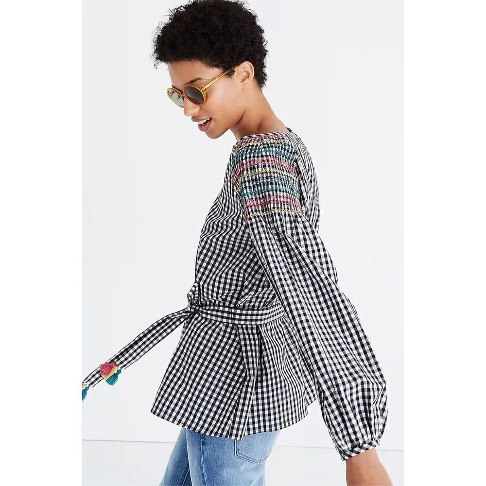 Madewell Smocked Gingham Top Long Sleeve Blouse Shirt Tassels women’s size M